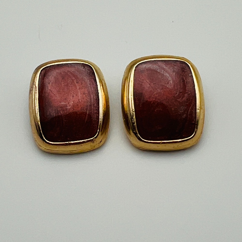 Vintage Clip On Earrings Gold Tone Maroon Enamel Statement Chunky Retro Mod